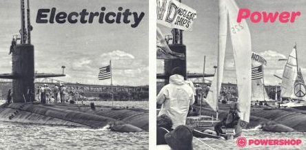 Powershop's Electricity vs Power campaign of small NZ sailors at sea meeting America's nuclear submarines.